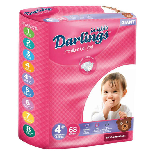 Darlings Giant Premium Comfort Baby Diapers Pack Super Maxi Size 4+, 68 Count, 10-20kg