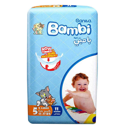 Sanita Bambi Baby Diapers Extra Large Size 5, 11 Count, 12-22kg
