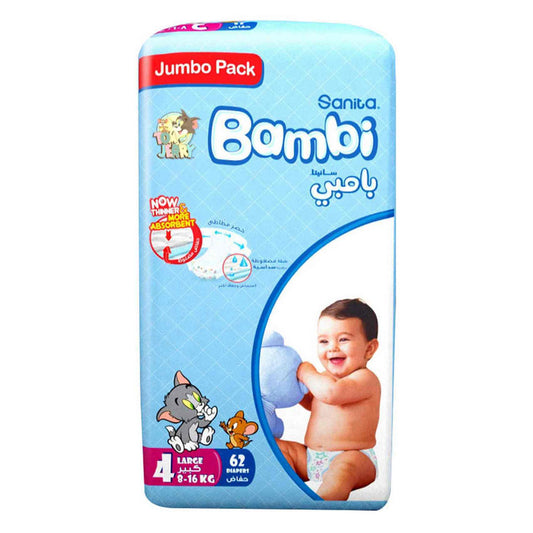 Sanita Bambi Baby Diapers Jumbo Pack Large Size 4, 62 Count, 8-16kg