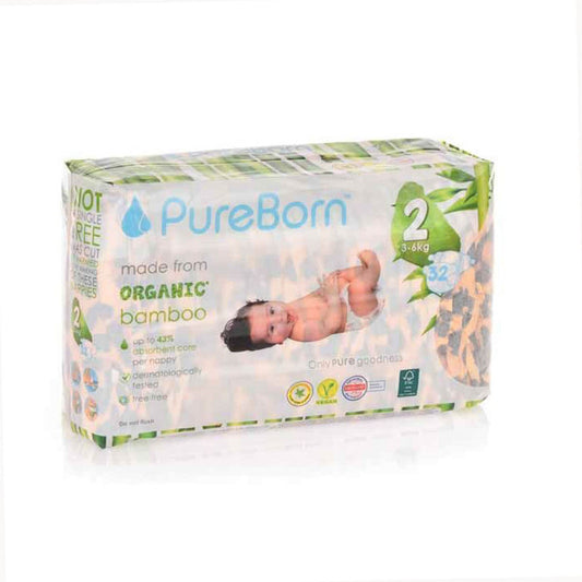 PureBorn Organic Bamboo Diaper Size 2 3-6kg 32 Count